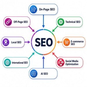Off-Page SEO Technical SEO Local SEO E-commerce SEO International SEO Social Media Optimization AI SEO"